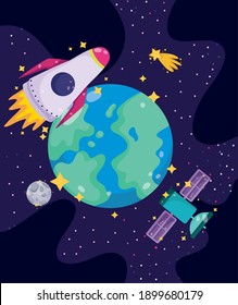 space planet earth rocket satellite moon shooting star cartoon vector illustration