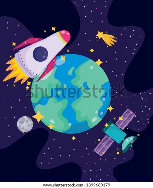 space planet earth rocket satellite moon\
shooting star cartoon vector\
illustration