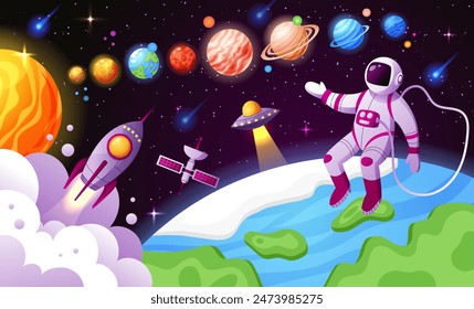 Space planet, galaxy background. Universe cartoon astronaut, star and rocket. Science child. Earth and sun, cosmos UFO, world astronomy sky. Science banner. Vector character design garish illustration