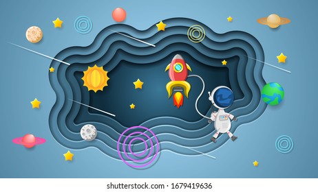 Space Planet Galaxy Universe Background Paper Cut Vector Spaceship Astronaut