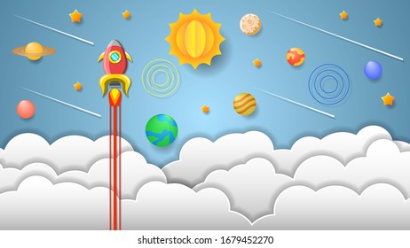 Space Planet Galaxy Universe Background Vector Spaceship Paper Cut
