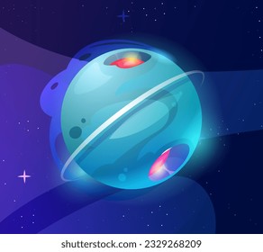 Space planet icon. Cosmic sphere with craters and lava, stars and fog in 3d isometric realistic style. Universe badge for UI game design. Cartoon flat vector illustration isolated on blue background