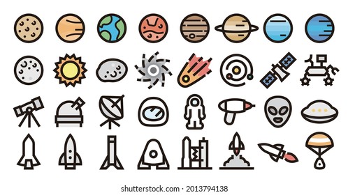 Space and Planet Icon Set (Bold outline Color version)