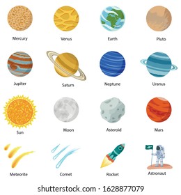 Space planet icon set. Flat set of space planet vector icons isolated on white background