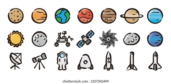 Space and planet icon set for graphic (Hand draw color version)