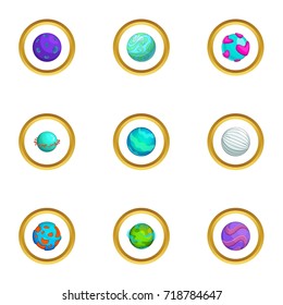 Space planet icons set. Cartoon style set of 9 space planet vector icons for web design