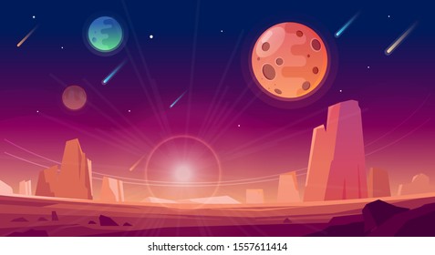 Space and planet landscape background. Planets surface with craters, stars and comets in dark space. Vector cartoon illustration. Space sky with planet and satellite