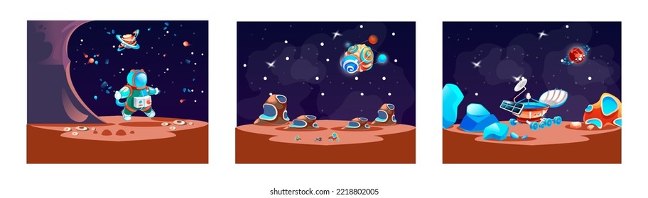 Space planet landscape set, cosmic game background with spaceship, alien fantasy asteroid surface. Futuristic night sky location banner, sci-fi environment wallpaper. Fantasy planet rock landscape