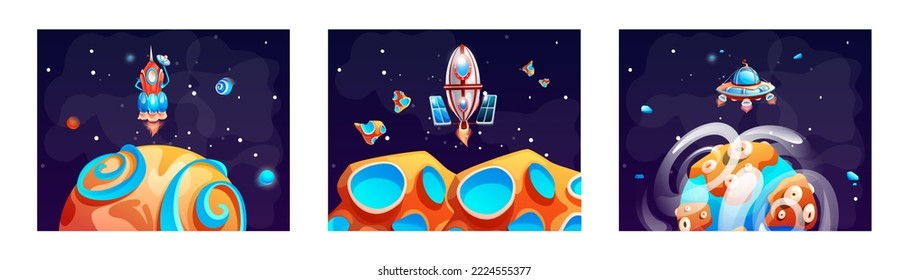 Entorno de planeta espacial, fondo de juego cósmico con nave espacial, superficie asteroide de fantasía alienígena. Cartel de ubicación del cielo nocturno, fondo de pantalla de cine de ciencia ficción. Fantasía planetario rock