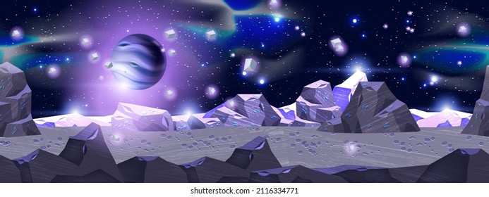 Space Planet Landscape, Vector Cosmic Game Seamless Background, Alien Fantasy Asteroid Surface, Stars. Futuristic Night Neon Sky Banner, Purple Rocks, Sci-fi Environment Wallpaper. Planet Landscape