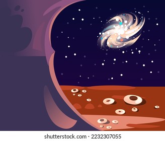 Space planet landscape, vector cosmic game background, alien fantasy asteroid surface, stars. Futuristic night sky location banner, purple rocks, sci-fi environment wallpaper. Planet landscape