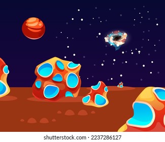 Space planet landscape, vector cosmic game background, alien fantasy asteroid surface, stars. Futuristic night sky location banner, sci-fi environment wallpaper. Fantasy planet rock landscape