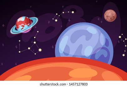 Space and planet landscape vector illustration. Planets surface with craters, stars and comets in dark space. Space sky with Saturn, Earth and Venus and constellation.