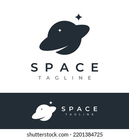 Space planet logo vector design surrounded by rings or orbits. For posters, business cards, space science.