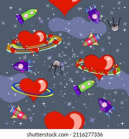 In space, the planet is love in the form of a heart, rockets fly to it from distant stars, on Valentine's Day.