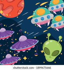 space planet mars aliens and ufo ships explore adventure cartoon vector illustration