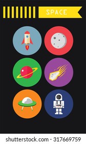 space planet moon alien astronaut meteor rocket flat icon