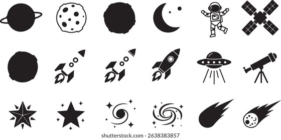 Space — planet, moon, astronaut, satellite, rocket, UFO, telescope, star, galaxy, comet. icon sheet file black and white