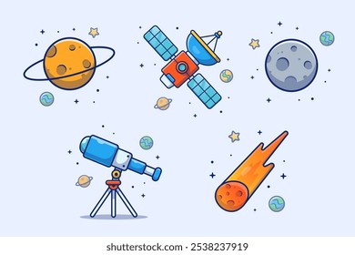 Planeta espacial con la luna, meteorito, satélite, telescopio de dibujos animados Vector Diseño Ilustraciones Pack