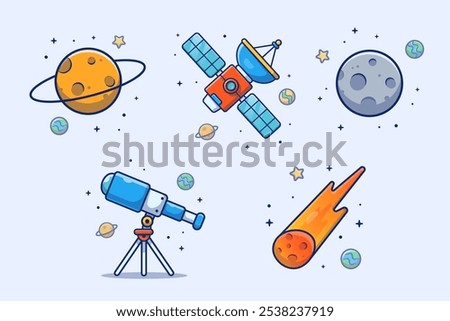 Space Planet With Moon, Meteorite, Satellite, Telescope Cartoon Vector Design Illustrations Pack
