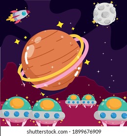 space planet moon rocket and ufo ships explore cartoon vector illustration