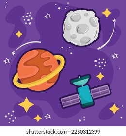 space planet and moon with satellite