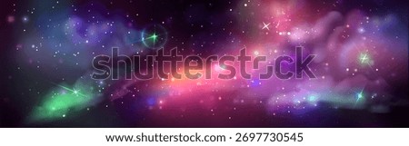 Space planet nebula scene with colorful cosmic dust clouds and bright stellar formations on deep universe backdrop. Vibrant galactic matter swirls with sparkling stars for astronomy visualization.