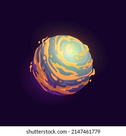 Space planet with orange nebula, fantasy galaxy vector cartoon icon. Galactic planet with lava surface in fantastic universe, space world with fiery craters and fire meteors or cosmic asteroids