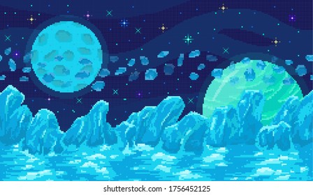 Space Planet In Pixel Art. Background Of Space Planet. Ice Landscape With Mountains, Planet And Stars. Pixelated Location For Game Or Application. 8 Bit Video Game. Galaxy Area With Few Planets