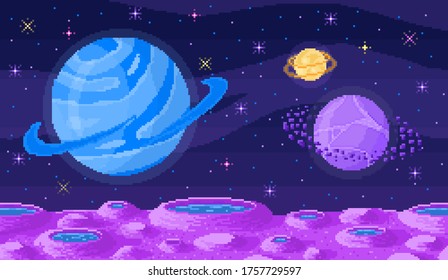 Space planet in pixel art. Background of space planet. Crater landscape with mountains, planet and stars. Pixelated location for game or application. 8 bit video game. Galaxy area with few planets