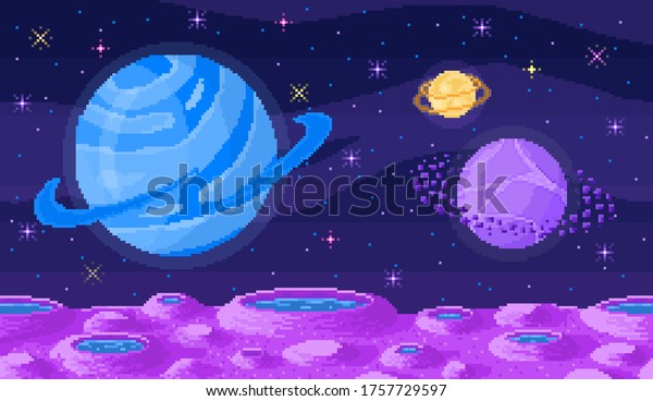Space planet in pixel art. Background of space\
planet. Crater landscape with mountains, planet and stars.\
Pixelated location for game or application. 8 bit video game.\
Galaxy area with few\
planets