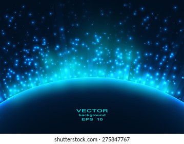 Space planet in the rays of light. Vector background.