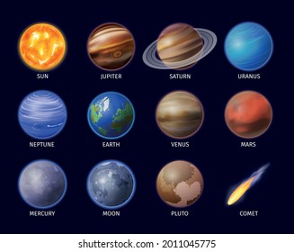 Space planet realistic set with Earth and Venus isolated vector illustration