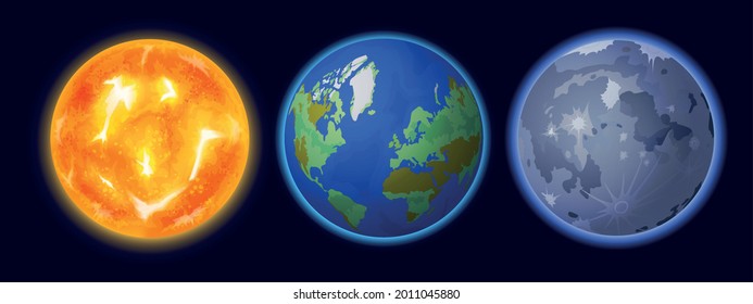 Space planet realistic set with Earth and sun and moon isolated vector illustration