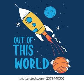 space, planet and rocket drawing for children's t shirts