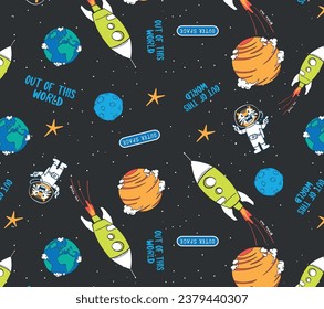 space, planet and rocket pattern drawing for children's t shirts