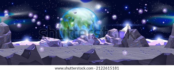 Space planet seamless landscape, vector alien\
surface background, purple rocks, night cosmic sky. Game futuristic\
ground view, Earth planet globe, cracked stone, moon horizon. Space\
planet environment