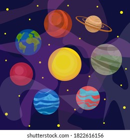 
Space, planet solar system around the sun, outer space, galaxy, earth, Jupiter, Mars, Venus, Astronomy, vector illustration in flat style.