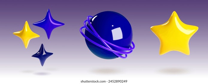 Space planet and star 3d cartoon vector illustration set. Abstract cosmic bodies for universe and galaxy concept. Cute glossy plastic astrology elements. Blue and yellow alien planet and twinkles.