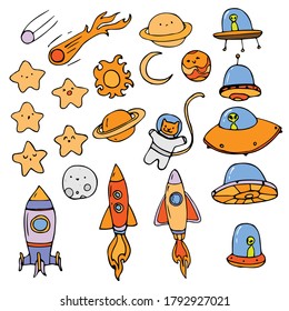 space planet and stars doodle set on the white background
