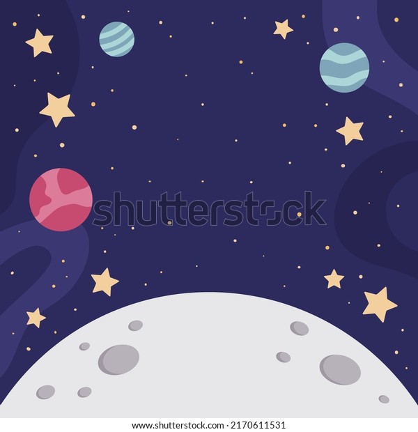 Space planet, stars and moon\
background. Cartoon space landscape. Flat cartoon vector\
illustration.