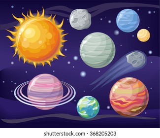 Space with planet sun and star design flat. Star and planet, outer space, galaxy and earth, space stars, planet in universe, sun in space, astronomy science, satellite earth, sun system illustration