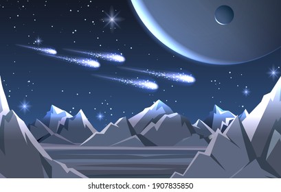 Space planet surface landscape. Vector cold moon background with lighting comets and alien sky, blue cosmos satellite desert with rocks ground futuristic cartoon illustration