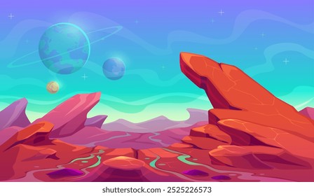 Weltraum-Planetenoberfläche mit Mars-Berglandschaft für Galaxie-Fantasie, Vektorhintergrund. Außerirdische Planetenoberfläche mit Bergfelsen oder kosmische Wüste mit Sternen am Himmel für Galaxie fantastische Landschaft