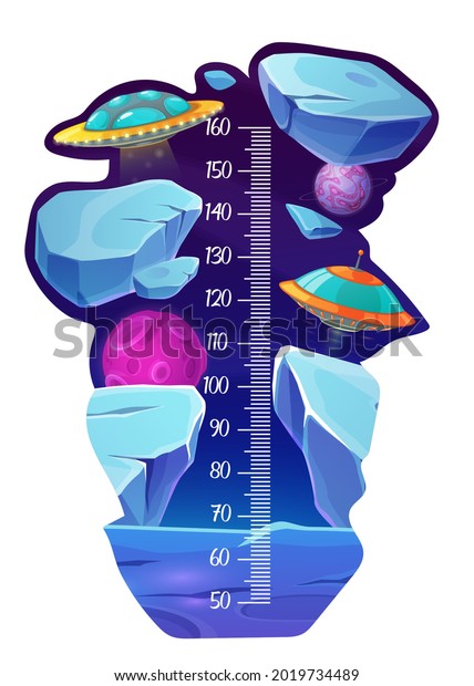 Space\
planet surface and UFO. Kids height chart with alien spaceships,\
flying saucer in outer space, cartoon vector fantasy planets and\
ice asteroids. Preschooler child growth\
meter