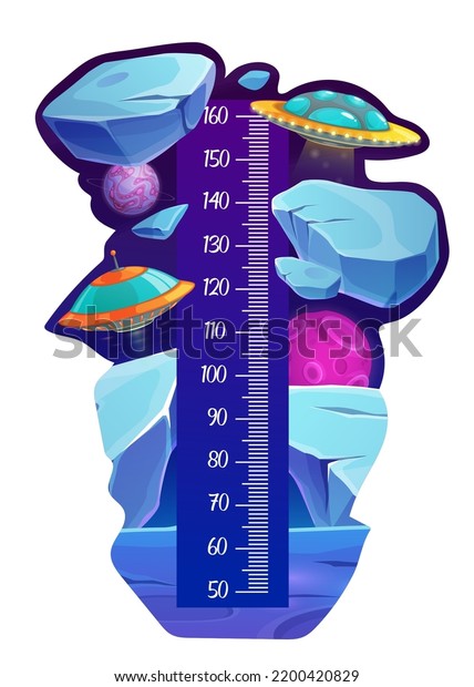 Space planet surface and UFO on kids height chart
or growth meter. Preschool child height measure cartoon vector
centimeters scale. Children growth chart sticker or ruler with
alien flying saucer