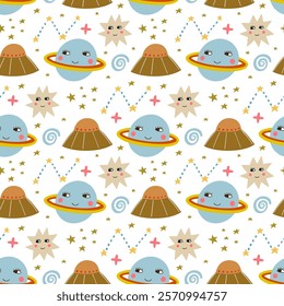Space, planet, UFO, stars seamless pattern, vector background. Ideal for fabric, textile, baby bedding, wallpaper, pajamas. Scandinavian style.