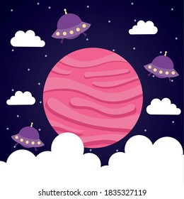 Space planet with ufos and clouds on starry background of futuristic and cosmos theme Vector illustration