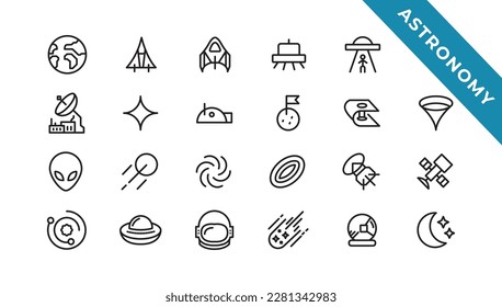 space and planet Vector Line Icons, thin line style.Contains such Icons as space, planet, alien, solar, astronaut, technology, space travels, stars, exploration And Other Elements