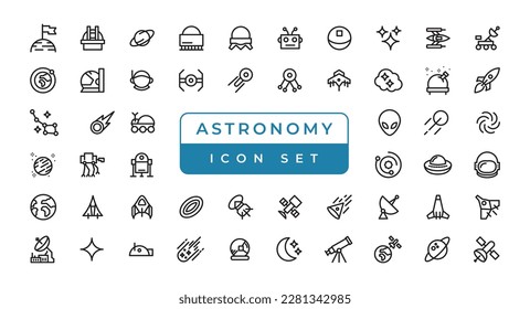 space and planet Vector Line Icons, thin line style.Contains such Icons as space, planet, alien, solar, astronaut, technology, space travels, stars, exploration And Other Elements